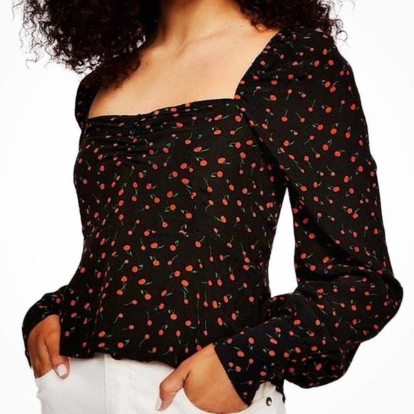 Free People Tops - Free People Cherry Print Crop Top XS Black Long Sleeve Button Cuff Square Neck